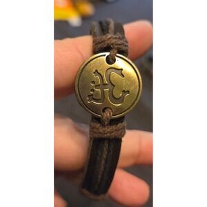 Unisex Leather Cord Om Symbol Bracelet Brass Tone Medallion Brown Boho Spiritual